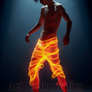 AI-generated abstract art of handsome shirtless men dancing with colorful dynamic light rays wrapping around their bodies. Cosmic, surreal, vivid digital art by Jeff Dupler.
