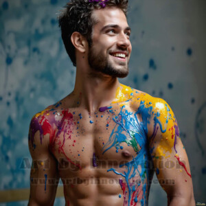 AI-generated abstract art of colorful, happy, handsome male faces covered in vibrant paint. Joy, excitement, and rainbow color in stunning digital art by Jeff Dupler.