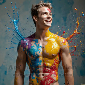 AI-generated abstract art of colorful, happy, handsome male faces covered in vibrant paint. Joy, excitement, and rainbow color in stunning digital art by Jeff Dupler.