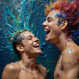 AI-generated abstract art of colorful, happy, handsome male faces covered in vibrant paint. Joy, excitement, and rainbow color in stunning digital art by Jeff Dupler.