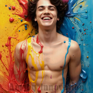 AI-generated abstract art of colorful, happy, handsome male faces covered in vibrant paint. Joy, excitement, and rainbow color in stunning digital art by Jeff Dupler.
