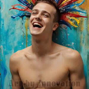 AI-generated abstract art of colorful, happy, handsome male faces covered in vibrant paint. Joy, excitement, and rainbow color in stunning digital art by Jeff Dupler.