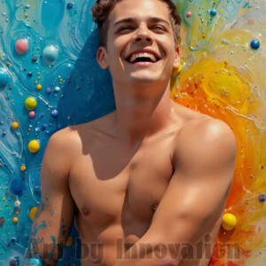 AI-generated abstract art of colorful, happy, handsome male faces covered in vibrant paint. Joy, excitement, and rainbow color in stunning digital art by Jeff Dupler.