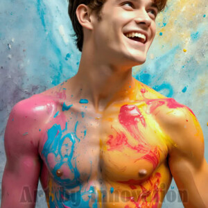 AI-generated abstract art of colorful, happy, handsome male faces covered in vibrant paint. Joy, excitement, and rainbow color in stunning digital art by Jeff Dupler.