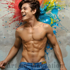 AI-generated abstract art of colorful, happy, handsome male faces covered in vibrant paint. Joy, excitement, and rainbow color in stunning digital art by Jeff Dupler.
