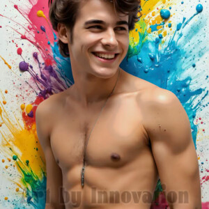 AI-generated abstract art of colorful, happy, handsome male faces covered in vibrant paint. Joy, excitement, and rainbow color in stunning digital art by Jeff Dupler.
