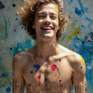 AI-generated abstract art of colorful, happy, handsome male faces covered in vibrant paint. Joy, excitement, and rainbow color in stunning digital art by Jeff Dupler.