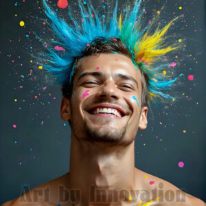 AI-generated abstract art of colorful, happy, handsome male faces covered in vibrant paint. Joy, excitement, and rainbow color in stunning digital art by Jeff Dupler.