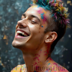 AI-generated abstract art of colorful, happy, handsome male faces covered in vibrant paint. Joy, excitement, and rainbow color in stunning digital art by Jeff Dupler.
