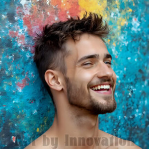 AI-generated abstract art of colorful, happy, handsome male faces covered in vibrant paint. Joy, excitement, and rainbow color in stunning digital art by Jeff Dupler.