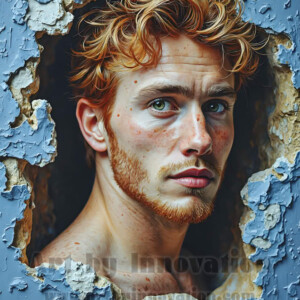 Art imitating life — and life imitating art. This AI-generated abstract concept collection features handsome men breaking the fourth wall of the canvas itself, emerging from classic oil paintings as their faces and forms come alive while their bodies remain painted on the wall. A profound meditation on the connection between creative expression and human experience — and a stunning visual achievement. Created using AI, edited in Photoshop, by © Jeff Dupler | Art by Innovation | https://www.artbyinnovation.com
