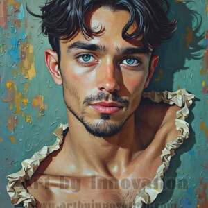 Art imitating life — and life imitating art. This AI-generated abstract concept collection features handsome men breaking the fourth wall of the canvas itself, emerging from classic oil paintings as their faces and forms come alive while their bodies remain painted on the wall. A profound meditation on the connection between creative expression and human experience — and a stunning visual achievement. Created using AI, edited in Photoshop, by © Jeff Dupler | Art by Innovation | https://www.artbyinnovation.com