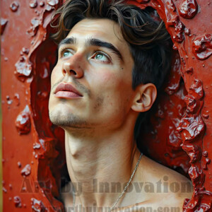 Art imitating life — and life imitating art. This AI-generated abstract concept collection features handsome men breaking the fourth wall of the canvas itself, emerging from classic oil paintings as their faces and forms come alive while their bodies remain painted on the wall. A profound meditation on the connection between creative expression and human experience — and a stunning visual achievement. Created using AI, edited in Photoshop, by © Jeff Dupler | Art by Innovation | https://www.artbyinnovation.com