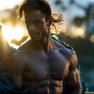Stunning AI-generated male angel art handsome heavenly warriors with enormous shimmering wings descending from the celestial realm. Heaven's Warriors Collection by Jeff Dupler.