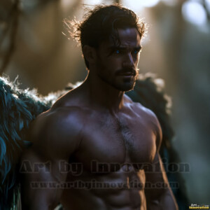 Stunning AI-generated male angel art handsome heavenly warriors with enormous shimmering wings descending from the celestial realm. Heaven's Warriors Collection by Jeff Dupler.