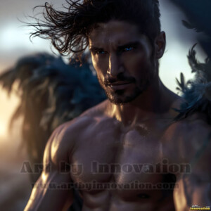 Stunning AI-generated male angel art handsome heavenly warriors with enormous shimmering wings descending from the celestial realm. Heaven's Warriors Collection by Jeff Dupler.