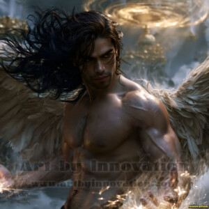 Stunning AI-generated male angel art handsome heavenly warriors with enormous shimmering wings descending from the celestial realm. Heaven's Warriors Collection by Jeff Dupler.