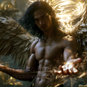 Stunning AI-generated male angel art handsome heavenly warriors with enormous shimmering wings descending from the celestial realm. Heaven's Warriors Collection by Jeff Dupler.