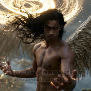 Stunning AI-generated male angel art handsome heavenly warriors with enormous shimmering wings descending from the celestial realm. Heaven's Warriors Collection by Jeff Dupler.
