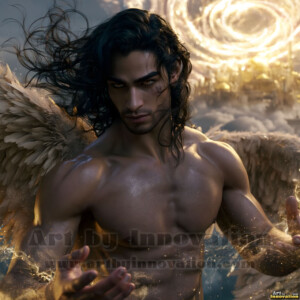 Stunning AI-generated male angel art handsome heavenly warriors with enormous shimmering wings descending from the celestial realm. Heaven's Warriors Collection by Jeff Dupler.