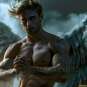 Stunning AI-generated male angel art handsome heavenly warriors with enormous shimmering wings descending from the celestial realm. Heaven's Warriors Collection by Jeff Dupler.