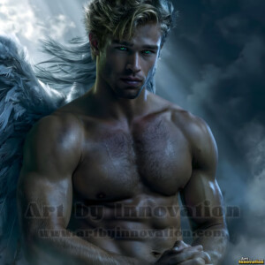 Stunning AI-generated male angel art handsome heavenly warriors with enormous shimmering wings descending from the celestial realm. Heaven's Warriors Collection by Jeff Dupler.