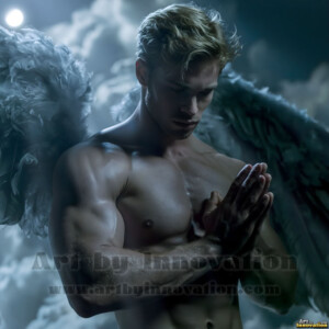 Stunning AI-generated male angel art handsome heavenly warriors with enormous shimmering wings descending from the celestial realm. Heaven's Warriors Collection by Jeff Dupler.