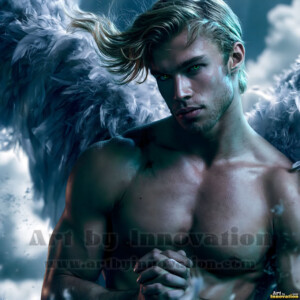 Stunning AI-generated male angel art handsome heavenly warriors with enormous shimmering wings descending from the celestial realm. Heaven's Warriors Collection by Jeff Dupler.