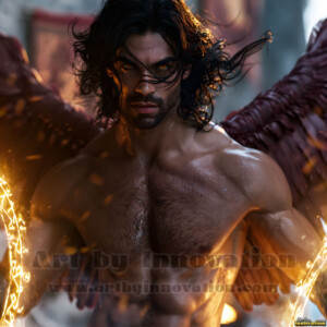 Stunning AI-generated male angel art handsome heavenly warriors with enormous shimmering wings descending from the celestial realm. Heaven's Warriors Collection by Jeff Dupler.