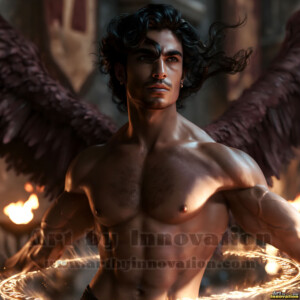Stunning AI-generated male angel art handsome heavenly warriors with enormous shimmering wings descending from the celestial realm. Heaven's Warriors Collection by Jeff Dupler.