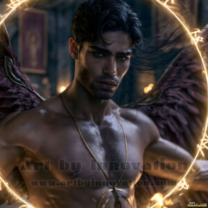 Stunning AI-generated male angel art handsome heavenly warriors with enormous shimmering wings descending from the celestial realm. Heaven's Warriors Collection by Jeff Dupler.