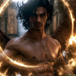 Stunning AI-generated male angel art handsome heavenly warriors with enormous shimmering wings descending from the celestial realm. Heaven's Warriors Collection by Jeff Dupler.