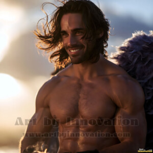 Stunning AI-generated male angel art handsome heavenly warriors with enormous shimmering wings descending from the celestial realm. Heaven's Warriors Collection by Jeff Dupler.