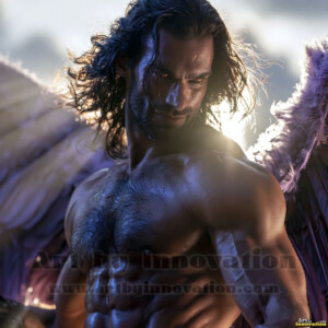 Stunning AI-generated male angel art handsome heavenly warriors with enormous shimmering wings descending from the celestial realm. Heaven's Warriors Collection by Jeff Dupler.
