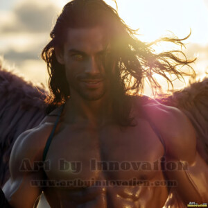 Stunning AI-generated male angel art handsome heavenly warriors with enormous shimmering wings descending from the celestial realm. Heaven's Warriors Collection by Jeff Dupler.