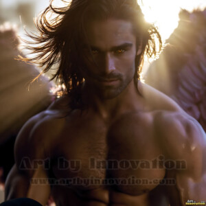 Stunning AI-generated male angel art handsome heavenly warriors with enormous shimmering wings descending from the celestial realm. Heaven's Warriors Collection by Jeff Dupler.