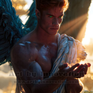 Stunning AI-generated male angel art handsome heavenly warriors with enormous shimmering wings descending from the celestial realm. Heaven's Warriors Collection by Jeff Dupler.