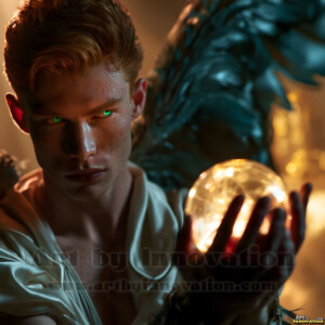 Stunning AI-generated male angel art handsome heavenly warriors with enormous shimmering wings descending from the celestial realm. Heaven's Warriors Collection by Jeff Dupler.