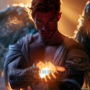 Stunning AI-generated male angel art handsome heavenly warriors with enormous shimmering wings descending from the celestial realm. Heaven's Warriors Collection by Jeff Dupler.
