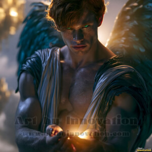 Stunning AI-generated male angel art handsome heavenly warriors with enormous shimmering wings descending from the celestial realm. Heaven's Warriors Collection by Jeff Dupler.