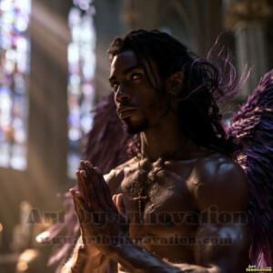 Stunning AI-generated male angel art handsome heavenly warriors with enormous shimmering wings descending from the celestial realm. Heaven's Warriors Collection by Jeff Dupler.