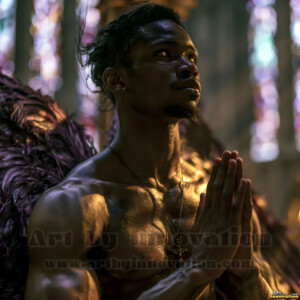 Stunning AI-generated male angel art handsome heavenly warriors with enormous shimmering wings descending from the celestial realm. Heaven's Warriors Collection by Jeff Dupler.
