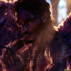 Stunning AI-generated male angel art handsome heavenly warriors with enormous shimmering wings descending from the celestial realm. Heaven's Warriors Collection by Jeff Dupler.