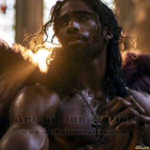Stunning AI-generated male angel art handsome heavenly warriors with enormous shimmering wings descending from the celestial realm. Heaven's Warriors Collection by Jeff Dupler.