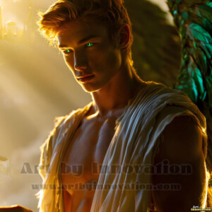 Stunning AI-generated male angel art handsome heavenly warriors with enormous shimmering wings descending from the celestial realm. Heaven's Warriors Collection by Jeff Dupler.