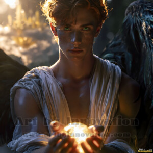 Stunning AI-generated male angel art handsome heavenly warriors with enormous shimmering wings descending from the celestial realm. Heaven's Warriors Collection by Jeff Dupler.