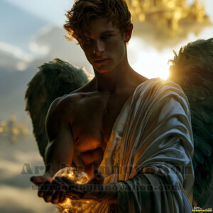 Stunning AI-generated male angel art handsome heavenly warriors with enormous shimmering wings descending from the celestial realm. Heaven's Warriors Collection by Jeff Dupler.
