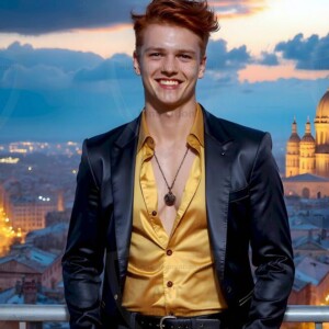 AI-generated Golden City Young Men — beautiful handsome young men in their teens and 20s on balconies overlooking a majestic golden heavenly city. 349 images by Jeff Dupler.