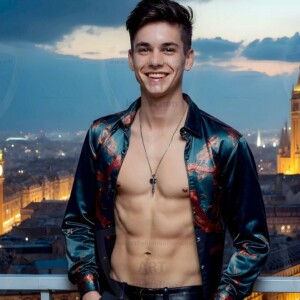 AI-generated Golden City Young Men — beautiful handsome young men in their teens and 20s on balconies overlooking a majestic golden heavenly city. 349 images by Jeff Dupler.