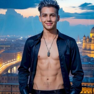 AI-generated Golden City Young Men — beautiful handsome young men in their teens and 20s on balconies overlooking a majestic golden heavenly city. 349 images by Jeff Dupler.